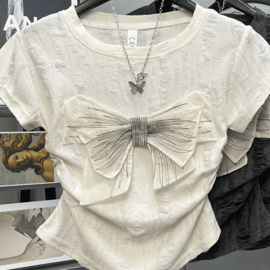 2024 Summer New Women's Crew Neck Hole Spliced Bow Solid Color Chic Slim Fashion Short Sleeve Commuter All-match T-shirt Tops