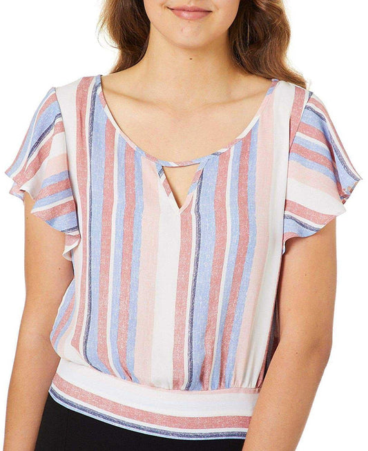 A. Byer Flutter Sleeve Tie Back Cropped Junior’s Top (Multi Distressed Stripe, L)