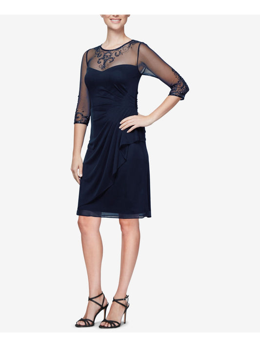 ALEX EVENINGS Womens Navy Ruched 3/4 Sleeve Illusion Neckline Above The Knee Cocktail Dress Petites 8