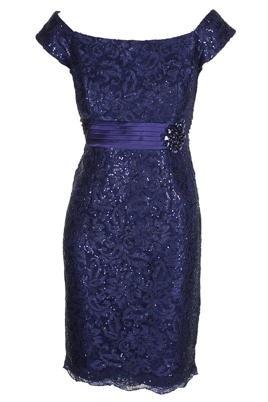 Alex Evenings Women's Petite Sequined Off-The-Shoulder Dress (8P, Navy)