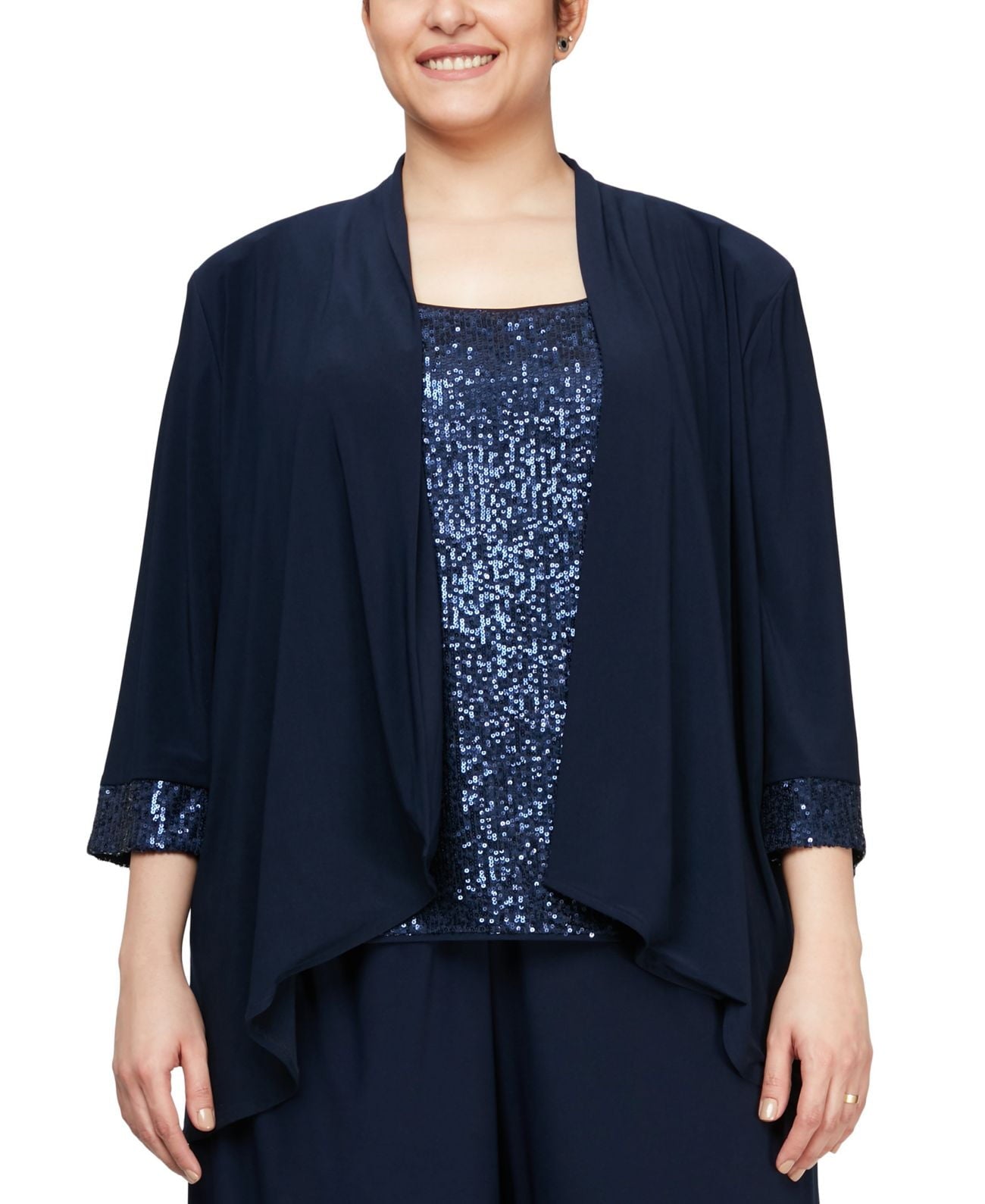 Alex Evenings Womens Plus Size Cascade Ruffle Jacket & Sequinned Tank Top Set, Navy/1X