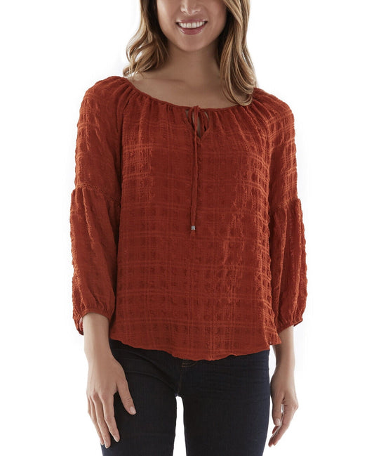 BCX Juniors' 3/4-Sleeves Plaid Peasant Blouse Round Neckline Paprika Size M