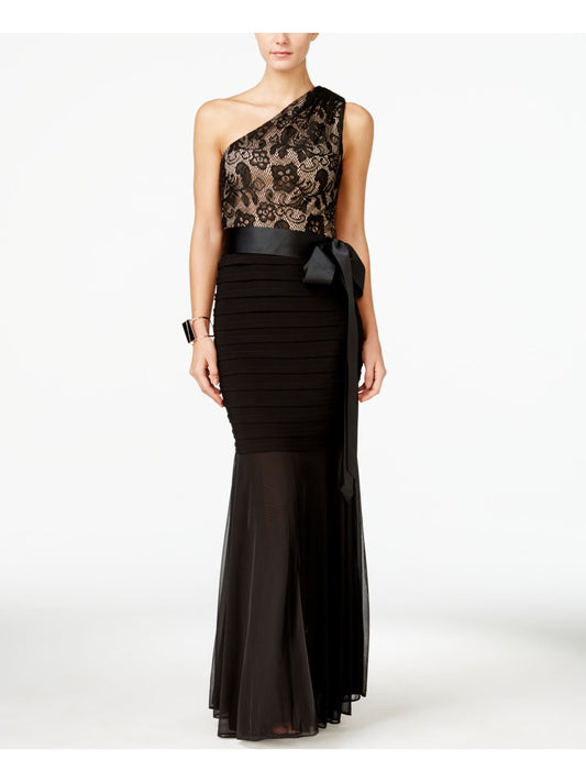 BETSY & ADAM Womens Black Lace Sheer Ribbon Sash Sleeveless Asymmetrical Neckline Full-Length Evening Mermaid Dress Petites 6P