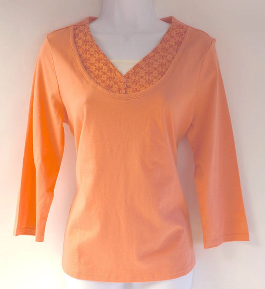 Basic Editions Orange Layered Three-Quarter Sleeve Henley Shirt Top, Women's Large