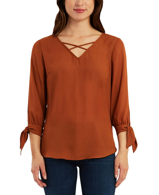 Bcx Juniors’ Mixed-Materials 3/4-Sleeve Top, Caramel, XS