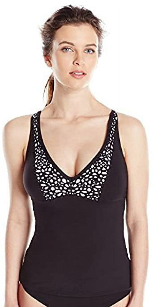 Captiva Women's Laser Cut Insertion Summer Time Tankini, Black, Small