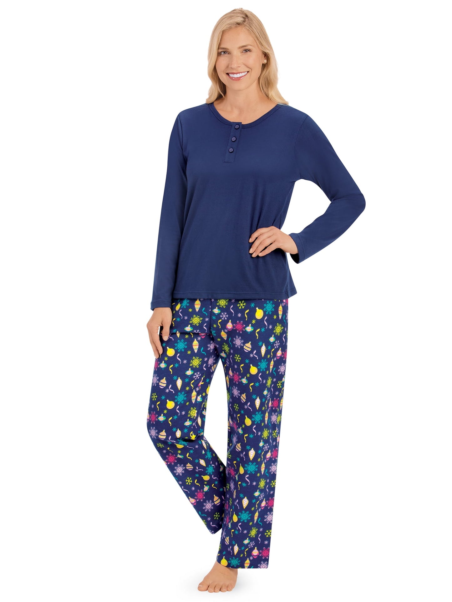 Collections Etc 2pc. Festive Ornaments Pants Pajama Set with Henley Neckline Long-Sleeve Top