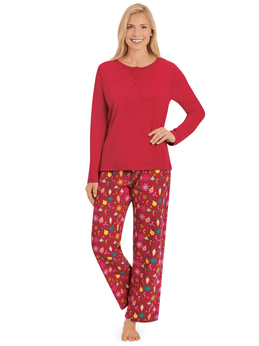Collections Etc 2pc. Festive Ornaments Pants Pajama Set with Henley Neckline Long-Sleeve Top