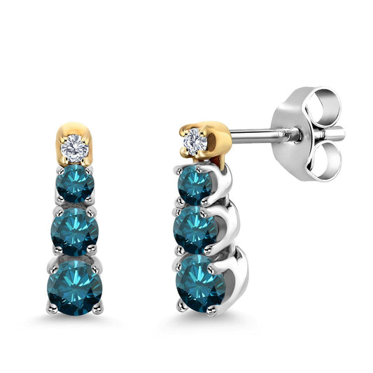 Gem Stone King 0.40 Ct Round Blue Diamond and Created Moissanite 925 Silver and 10K Yellow Gold Earrings