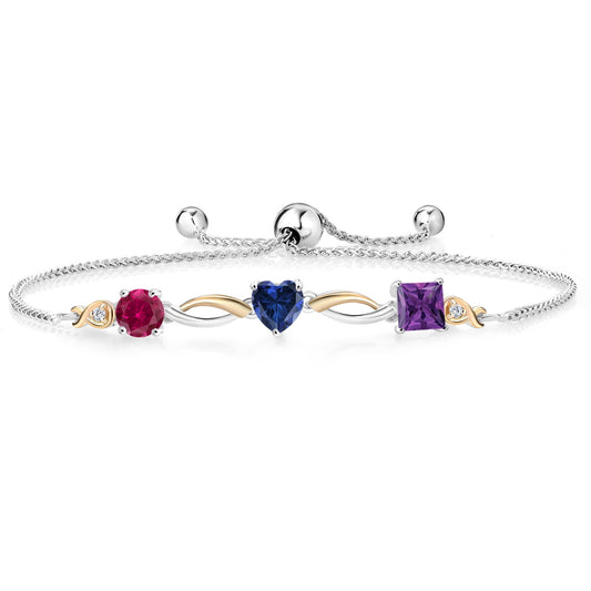 925 Silver and 10K Yellow Gold Red Created Ruby Blue Created Sapphire Purple Amethyst and Lab Grown Diamond Tennis Bracelet for Women By Keren Hanan (2.05 Cttw, Adjustable up To 9 inch)