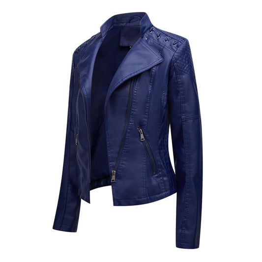 HYwys Leather Jacket Women Slim Fit Leather Jacket Womens Thin Lapel Collar Motorcycle Jacket Leather Transitional Jacket Womens Coats Dark Blue L
