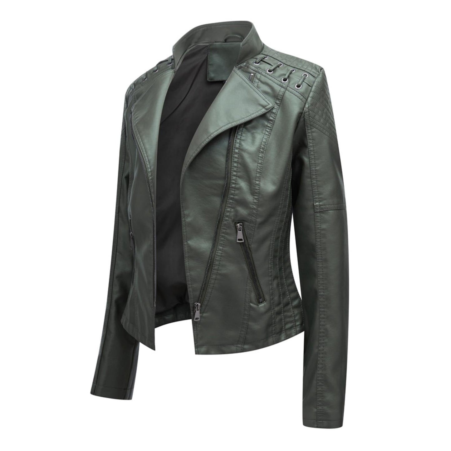 HYwys Leather Jacket Women Slim Fit Leather Jacket Womens Thin Lapel Collar Motorcycle Jacket Leather Transitional Jacket Womens Coats Dark Blue L