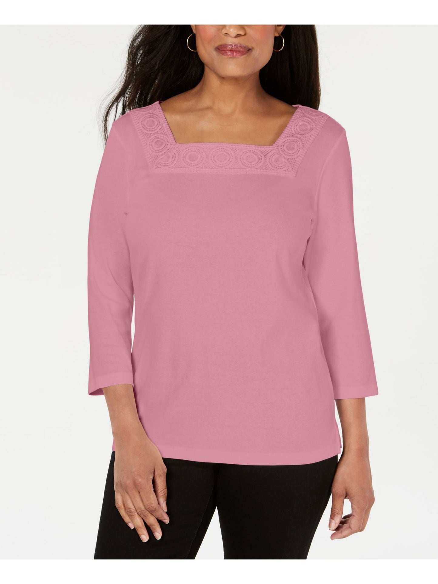 KAREN SCOTT $36 Womens New Pink Crochet Square Neck Casual Top S B+B