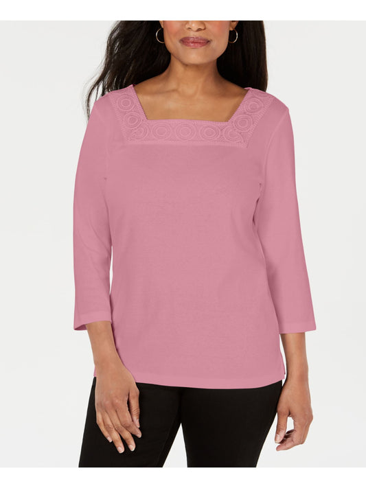 KAREN SCOTT $36 Womens New Pink Crochet Square Neck Casual Top S B+B