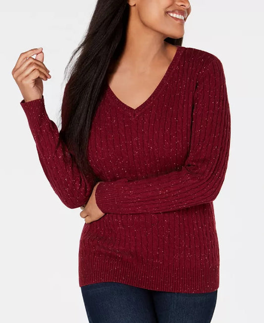 Karen Scott Women's Petite Cable-Knit V-Neck Sweater (PS, Merlot)