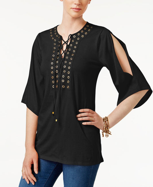 Michael Michael Kors Petite Grommet-Trim Lace-Up Tunic - Black P/XS