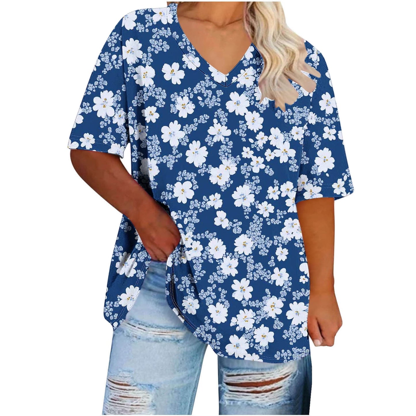 Ofreoo Women's Plus-Size V-Neck Short Sleeve Printing Base Shirt on Clearance