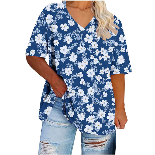 Ofreoo Women's Plus-Size V-Neck Short Sleeve Printing Base Shirt on Clearance