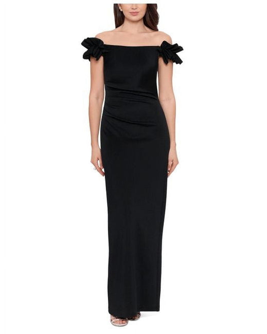 PETITE "MAGGIE" LONG SCUBA CREPE RUCHED OFF THE SHOULDER DRESS, 4P