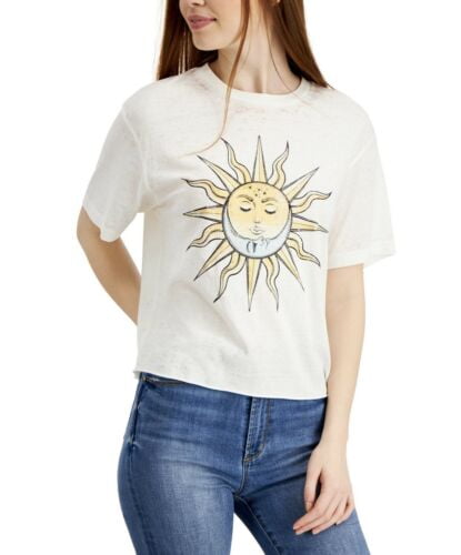 Rebellious One Juniors' Sun Graphic T-Shirt Short Sleeve Marshmallow Size XL