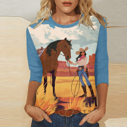 Wkishenl 3/4 Sleeves Women's Shirts and Blouses,Womens Tops Casual Plus Size Tunic Tshirt 3D Pink Horse Graphic Tee Vintage Western Cowgirl Shirt 3/4 Sleeve Crewneck Blouse Blue,XXL