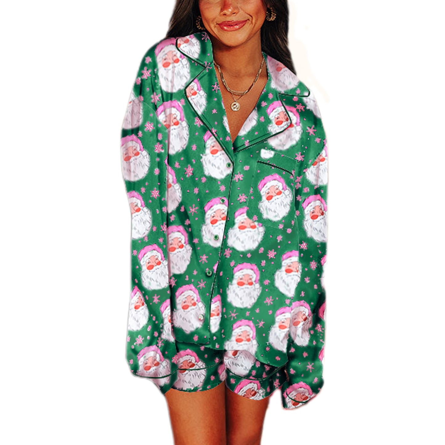 Women Christmas Satin Pajamas 2 Piece Set Plaid/Santa Print Long Sleeve Shirts Tops and Shorts 2 Piece Loungewear Sleepwear