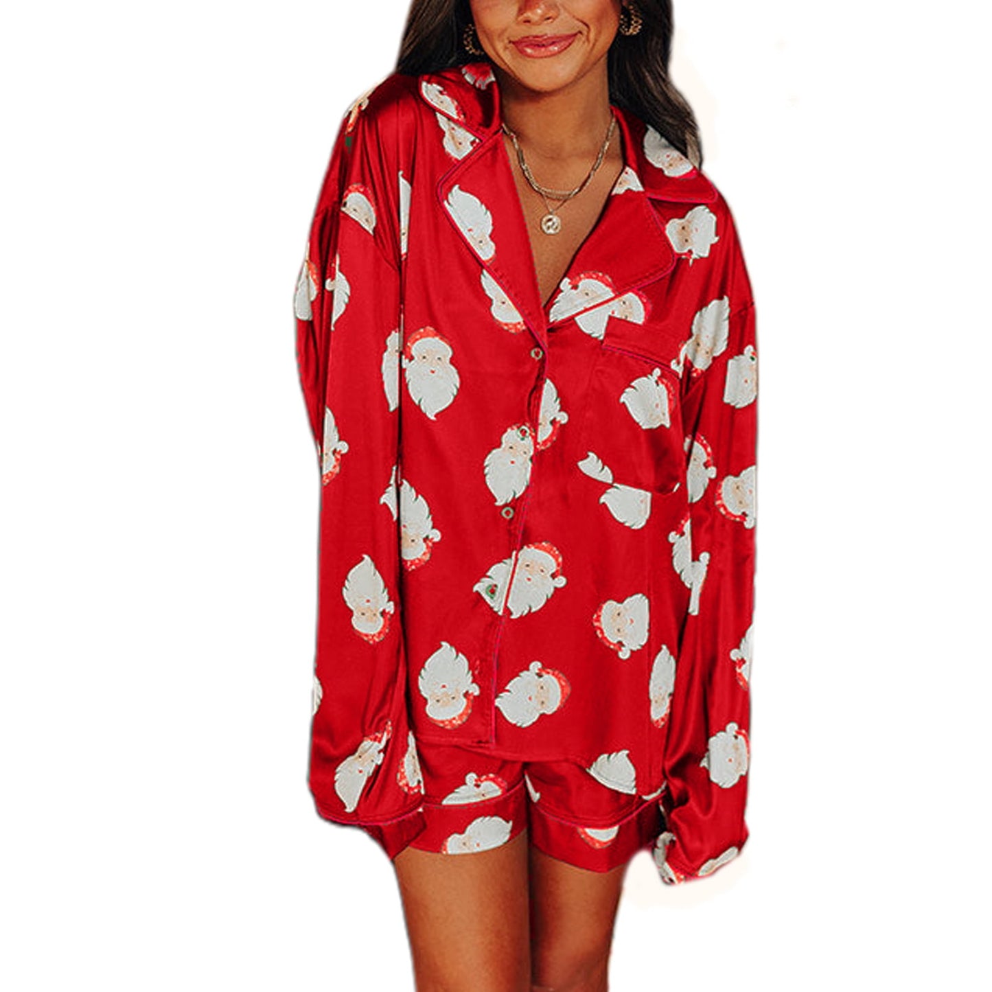 Women Christmas Satin Pajamas 2 Piece Set Plaid/Santa Print Long Sleeve Shirts Tops and Shorts 2 Piece Loungewear Sleepwear