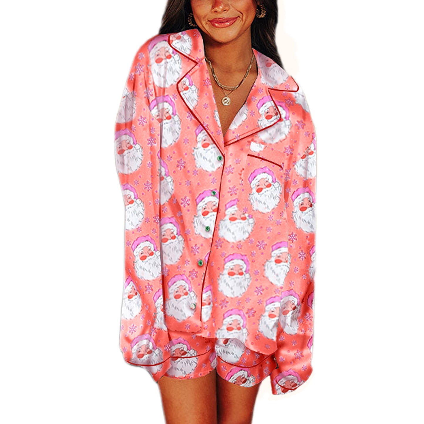 Women Christmas Satin Pajamas 2 Piece Set Plaid/Santa Print Long Sleeve Shirts Tops and Shorts 2 Piece Loungewear Sleepwear