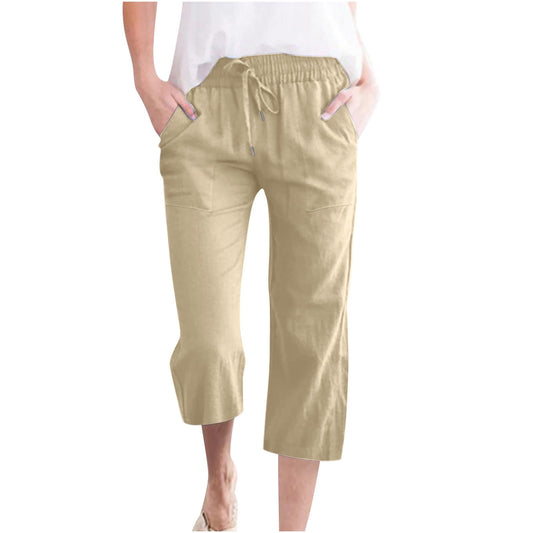 Women Plus Size Cotton Linen Capris Casual Solid Drawstring Elastic High Waist Pants with Pockets Loose Wide Leg Trousers(5XL,Khaki)
