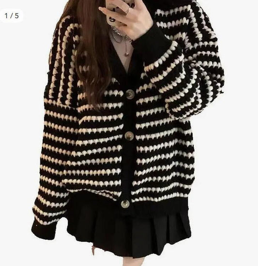 Women Sweaters Coat Striped Knitted Cardigans Deep V neck Plus Size Autumn Tops Winter Undershirts black white US size6-16
