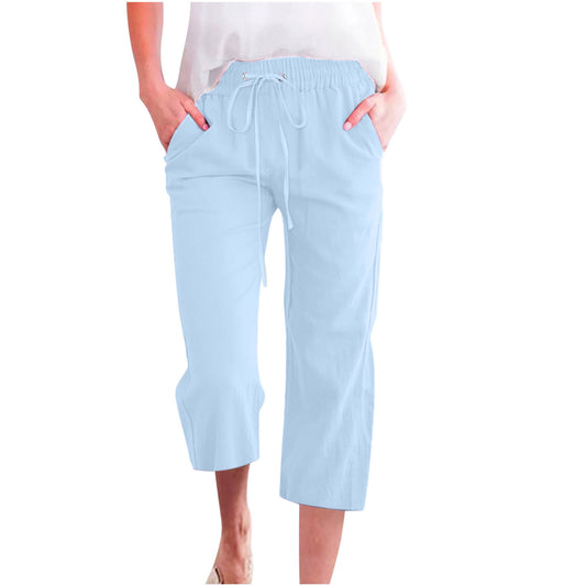 Womens Casual Cotton Linen Pants Summer Capris Tie Elastic Wasit Cropped Leg Pants Plus Size Wide Leg Loungewear Pants (M,Light Blue)