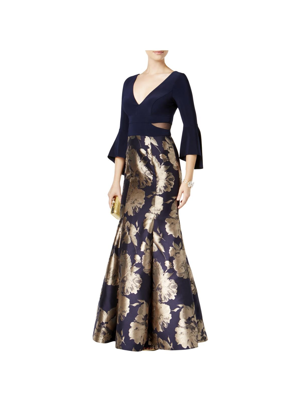 XSCAPE Womens Navy Metallic Brocade Bell Sleeve V Neck Full-Length Mermaid Formal Dress  Size: 6