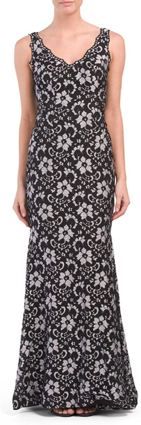 Xscape Long Lace V-Neck Gown Dress, Black/Silver - 8