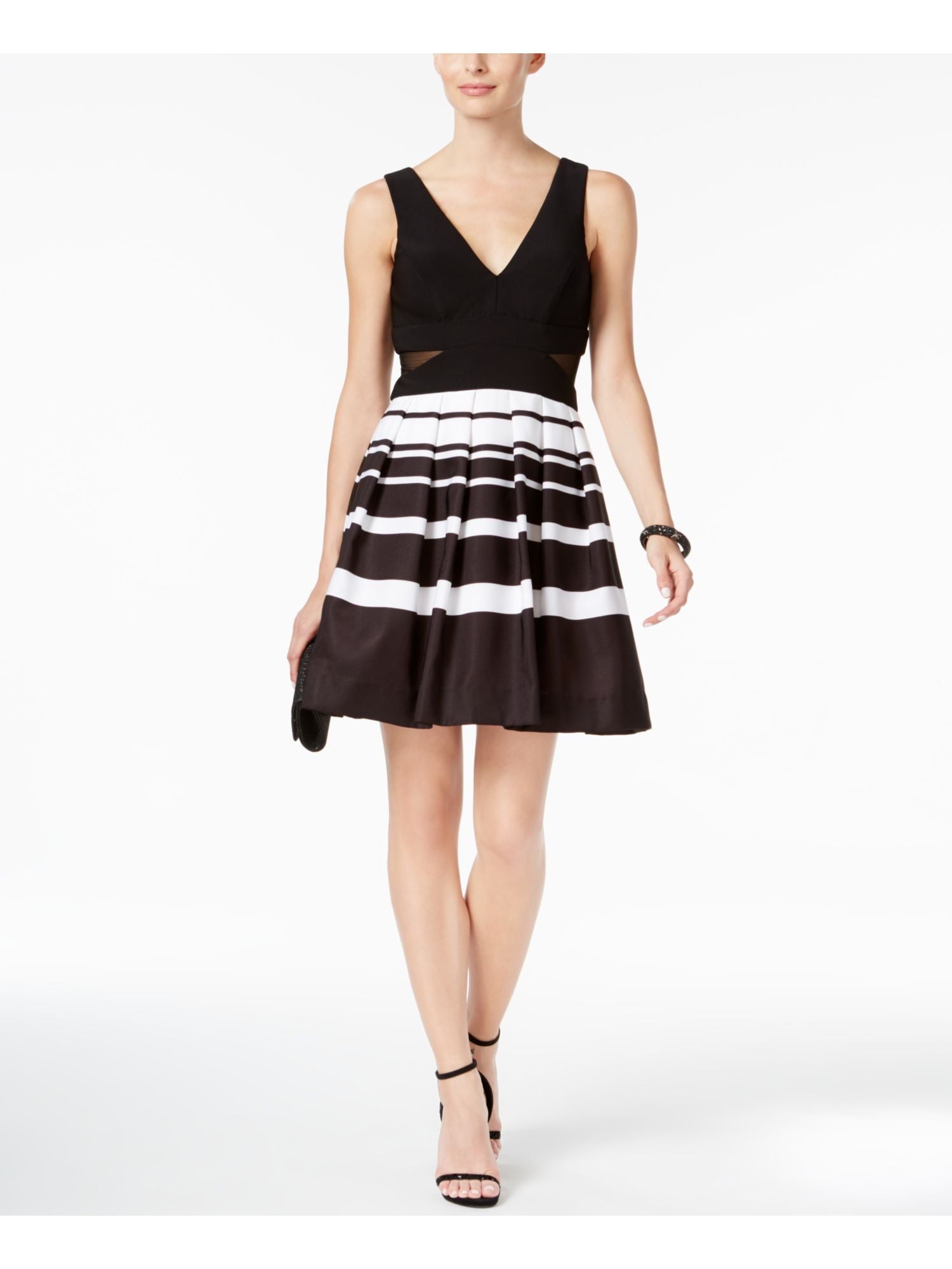 Xscape Women's Petite Illusion Striped Fit & Flare Dress (12P, Black/White)