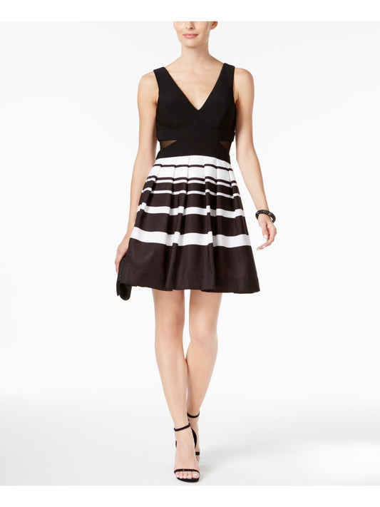 Xscape Women's Petite Illusion Striped Fit & Flare Dress (12P, Black/White)