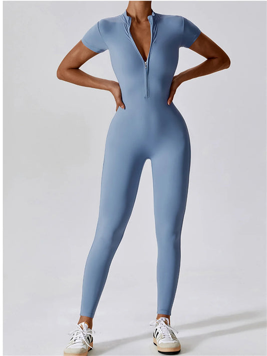Yoga Jumpsuit Women Front Zipper Short Sleeve Scrunch One Piece Sports Suit Outdoor Gym Cycling Push Up Workout Clothes Bodysuit