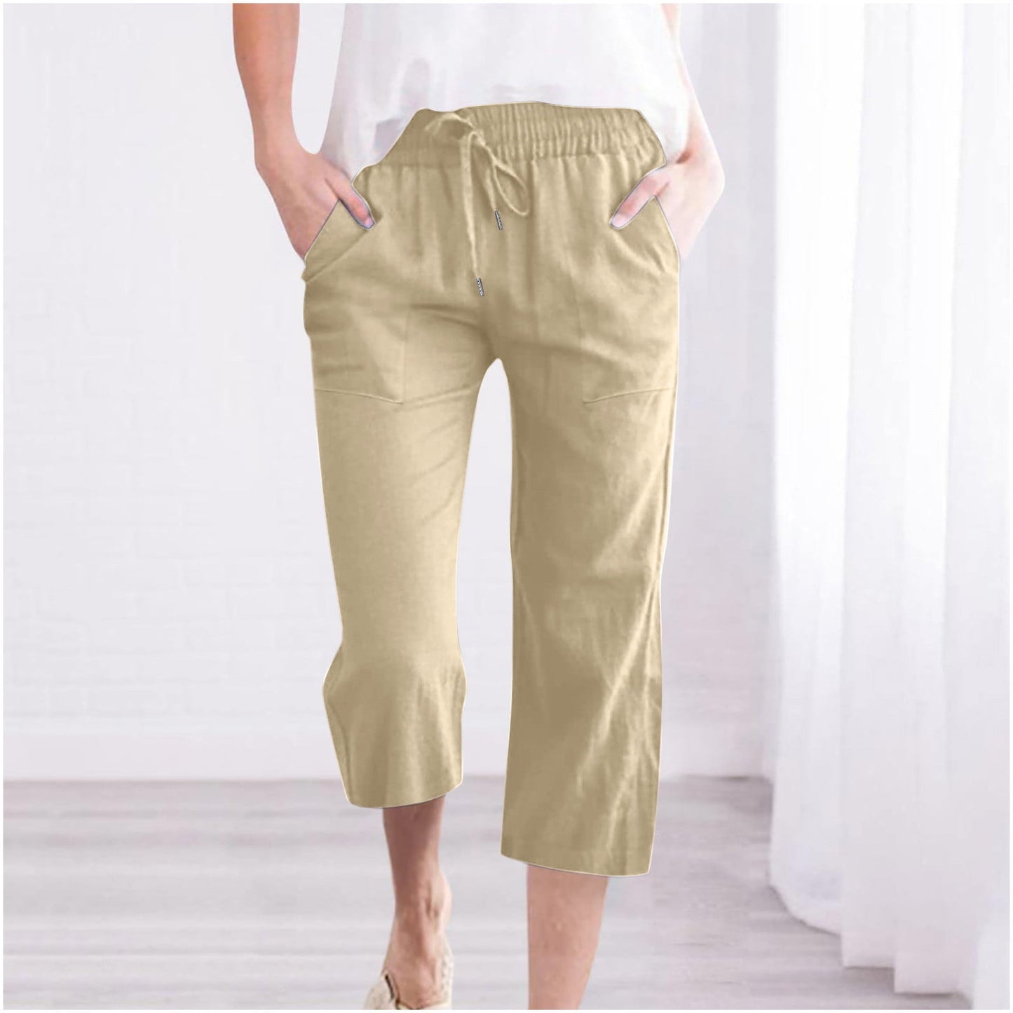 Women Plus Size Cotton Linen Capris Casual Solid Drawstring Elastic High Waist Pants with Pockets Loose Wide Leg Trousers(5XL,Khaki)