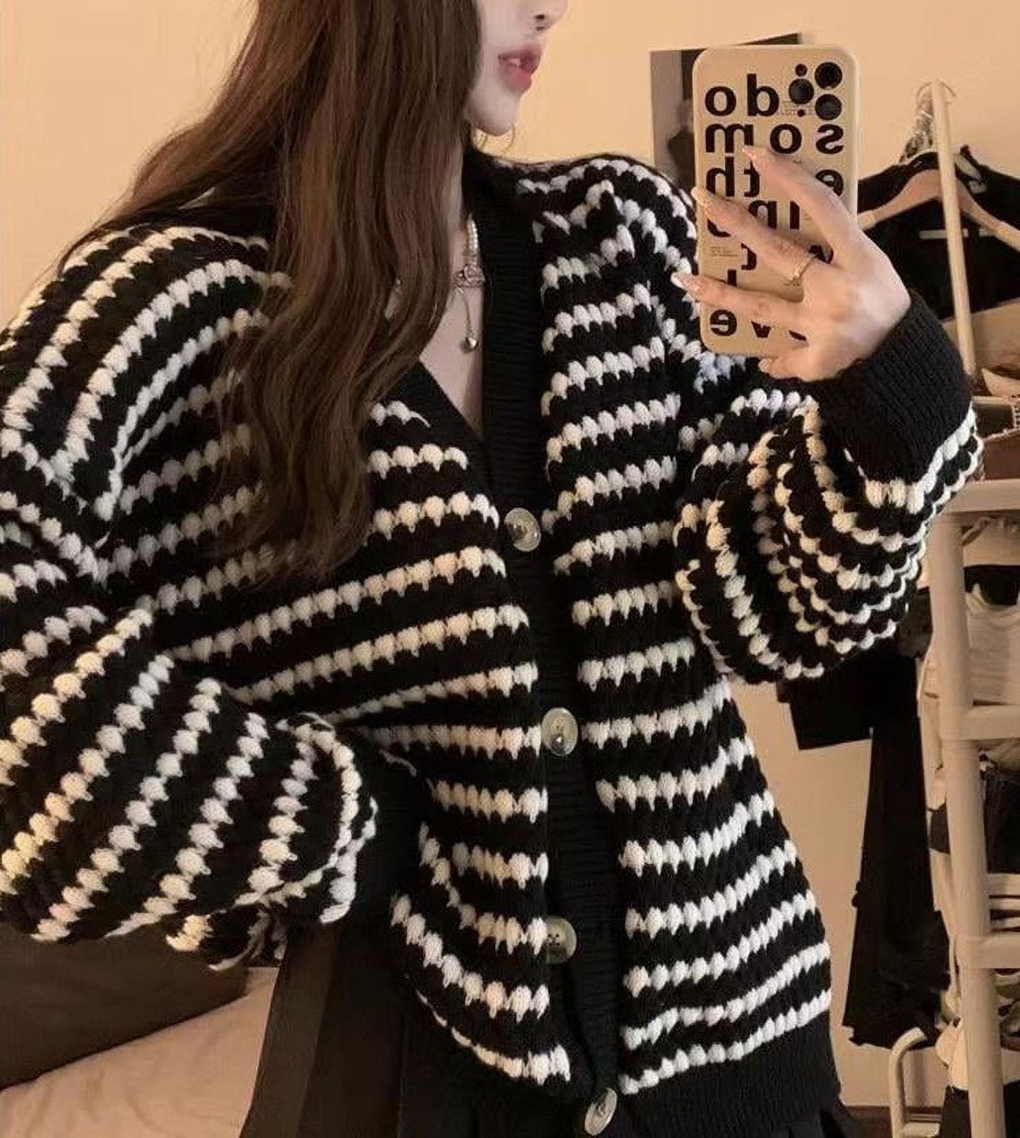 Women Sweaters Coat Striped Knitted Cardigans Deep V neck Plus Size Autumn Tops Winter Undershirts black white US size6-16