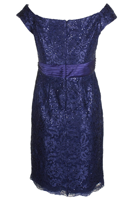 Alex Evenings Women's Petite Sequined Off-The-Shoulder Dress (8P, Navy)