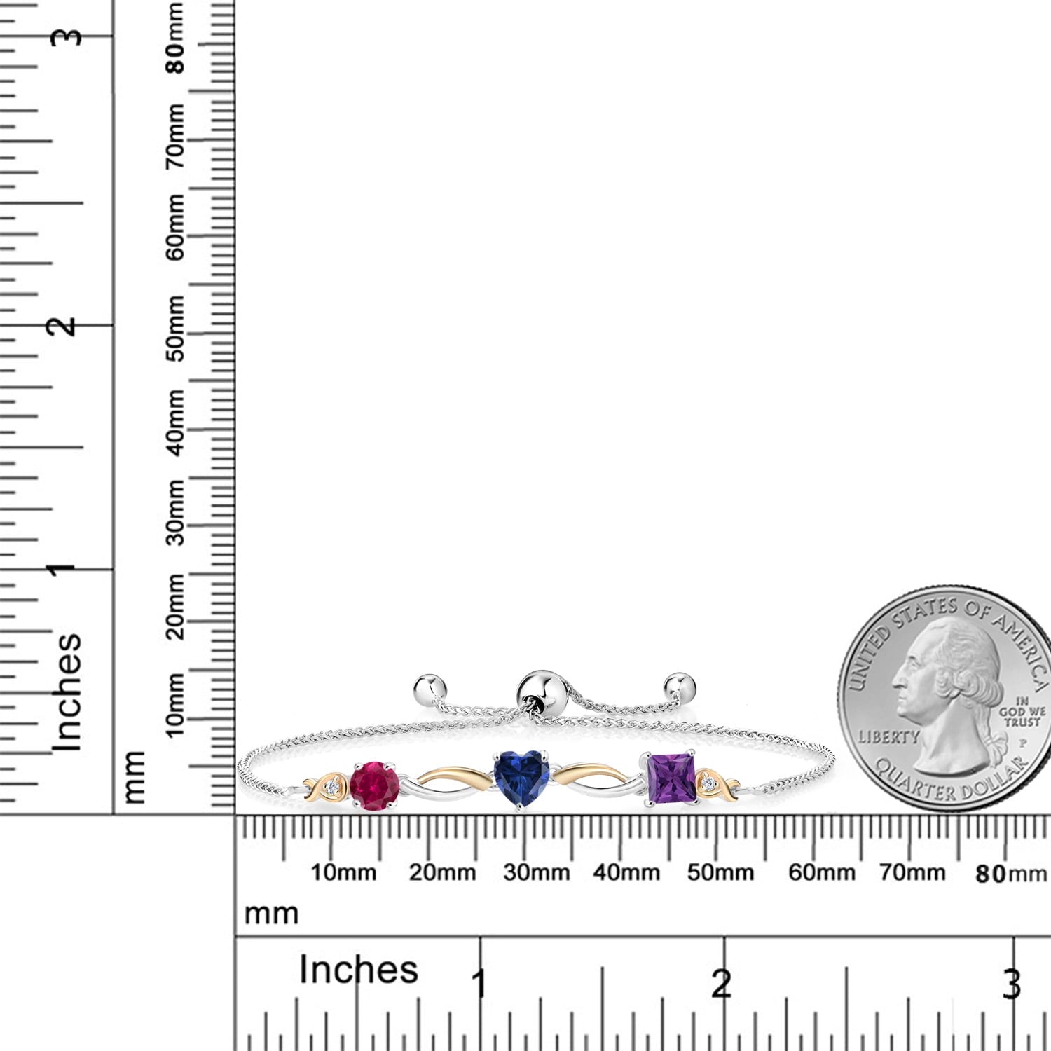 925 Silver and 10K Yellow Gold Red Created Ruby Blue Created Sapphire Purple Amethyst and Lab Grown Diamond Tennis Bracelet for Women By Keren Hanan (2.05 Cttw, Adjustable up To 9 inch)