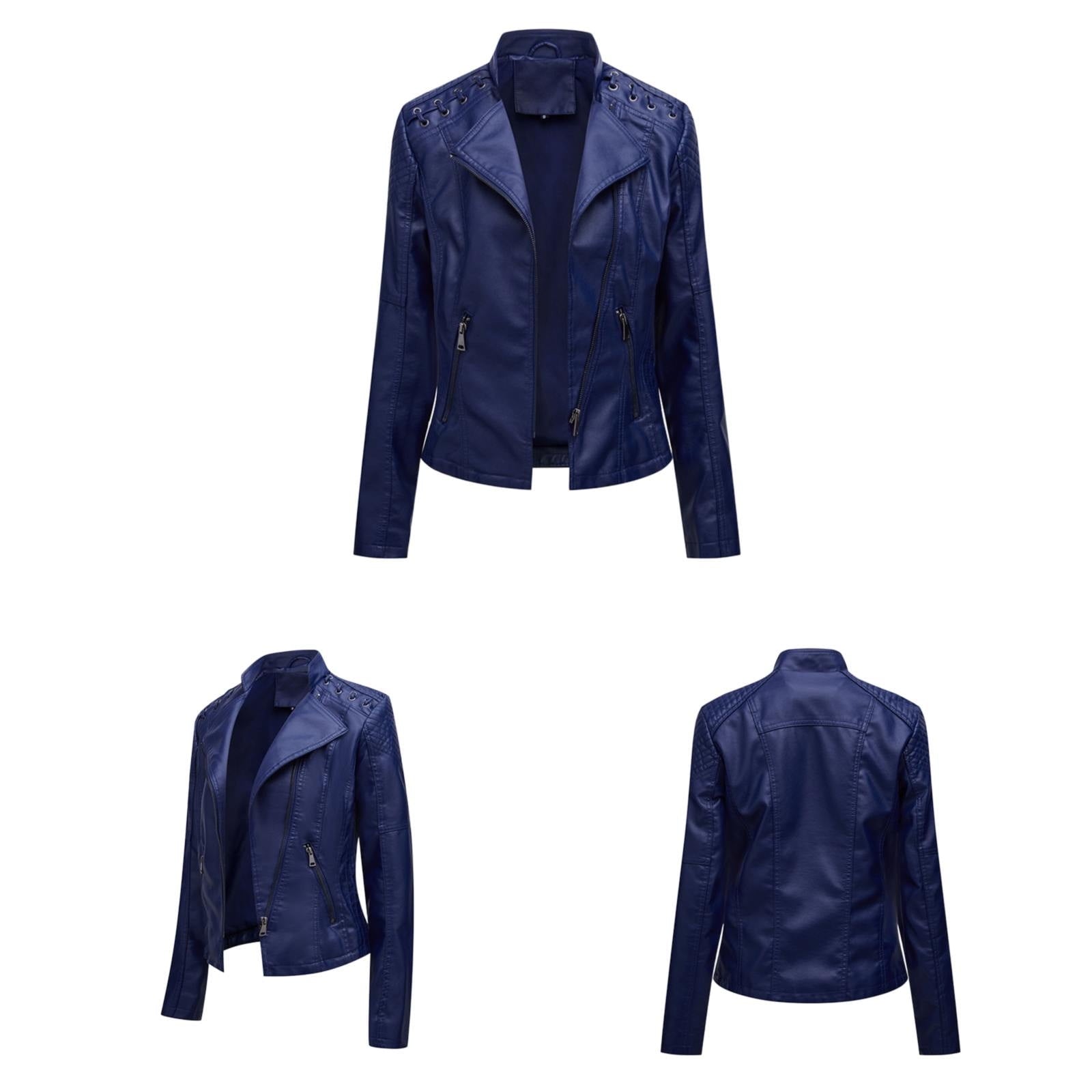 HYwys Leather Jacket Women Slim Fit Leather Jacket Womens Thin Lapel Collar Motorcycle Jacket Leather Transitional Jacket Womens Coats Dark Blue L