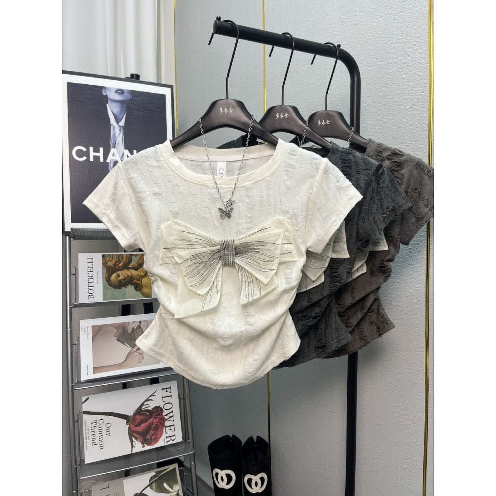 2024 Summer New Women's Crew Neck Hole Spliced Bow Solid Color Chic Slim Fashion Short Sleeve Commuter All-match T-shirt Tops
