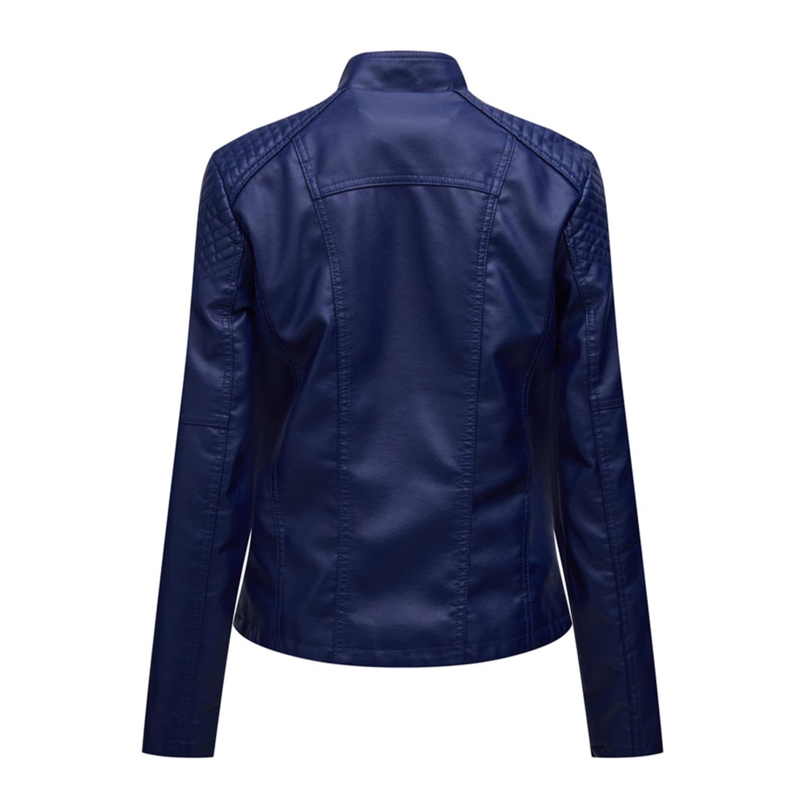 HYwys Leather Jacket Women Slim Fit Leather Jacket Womens Thin Lapel Collar Motorcycle Jacket Leather Transitional Jacket Womens Coats Dark Blue L