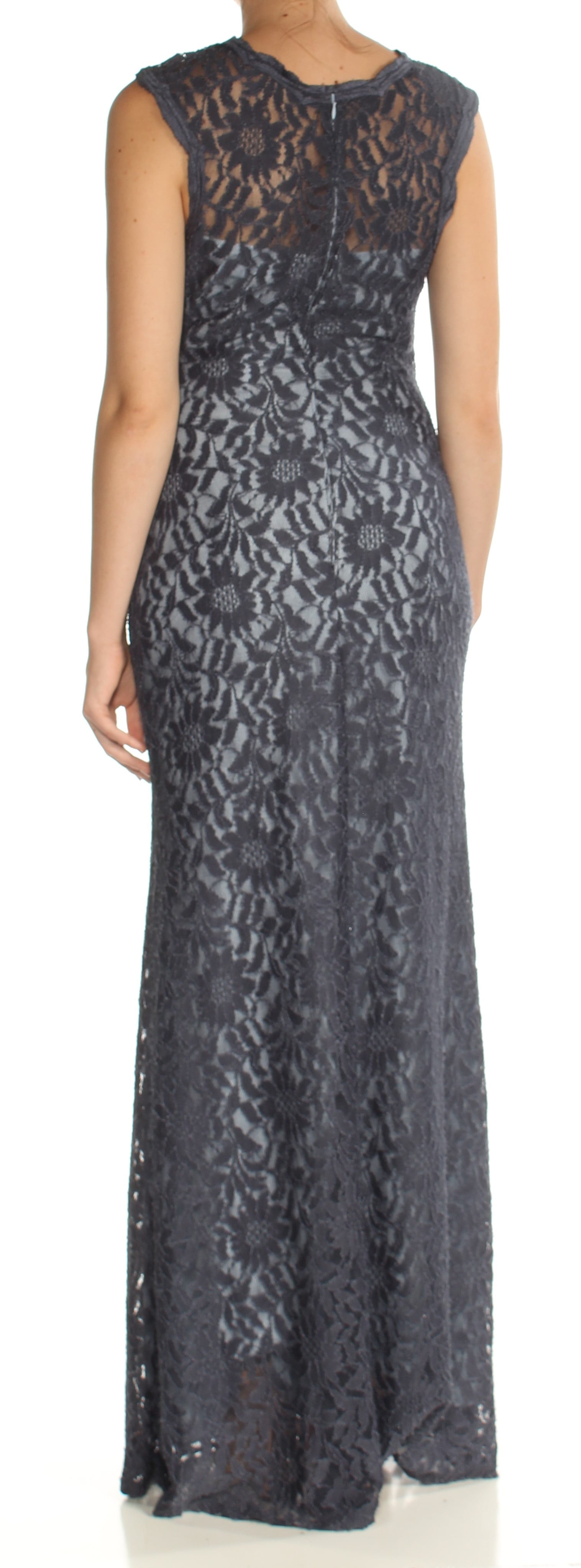 XSCAPE Womens Navy Lace Illusion Neckline Full Length Sheath Dress Size: 8