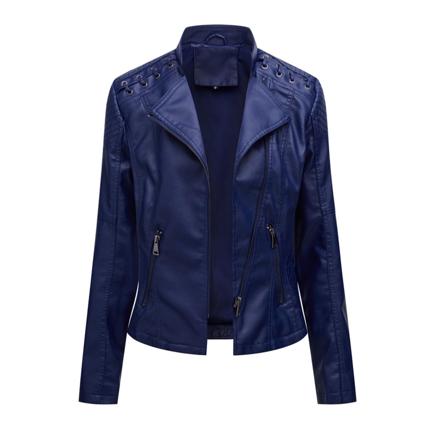 HYwys Leather Jacket Women Slim Fit Leather Jacket Womens Thin Lapel Collar Motorcycle Jacket Leather Transitional Jacket Womens Coats Dark Blue L