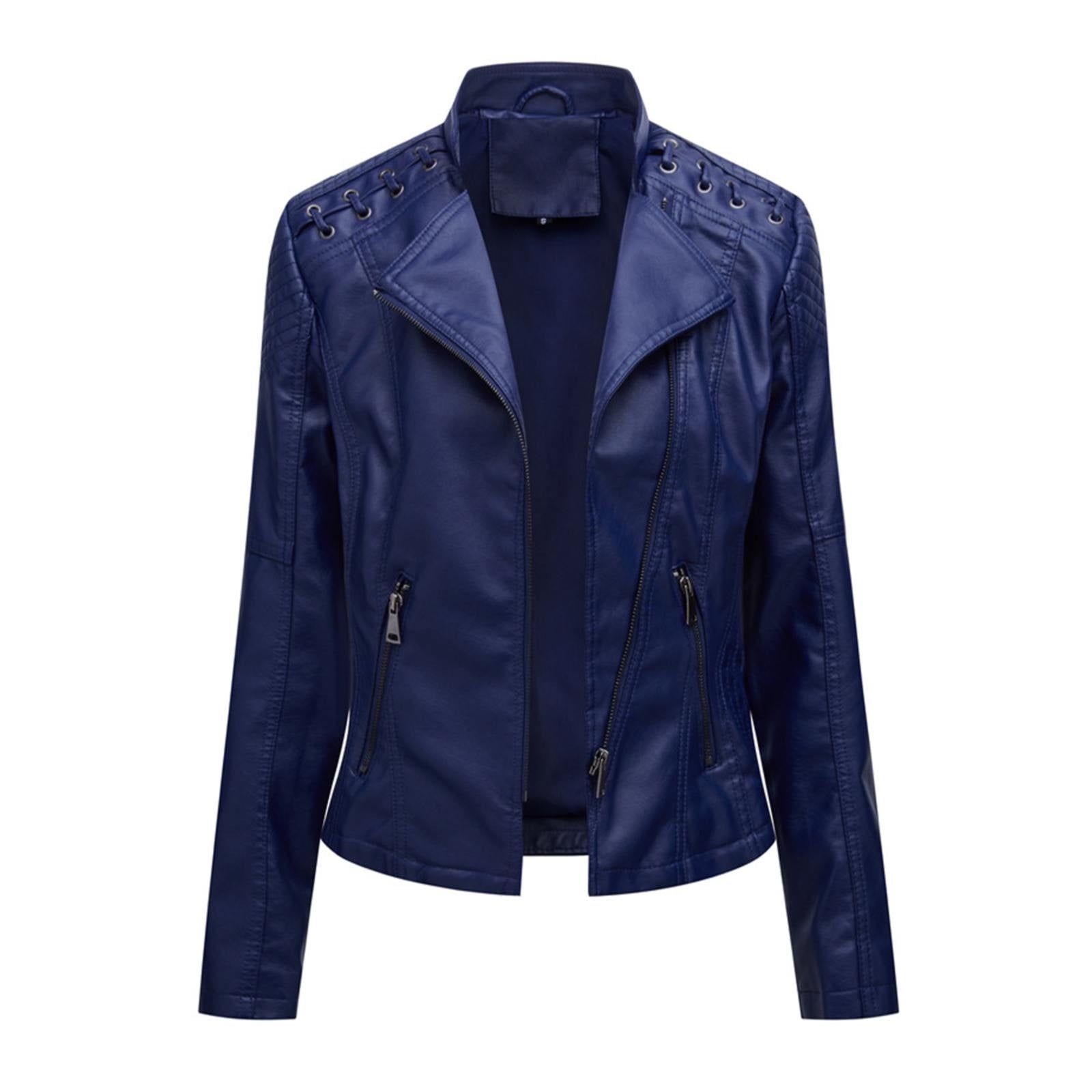 HYwys Leather Jacket Women Slim Fit Leather Jacket Womens Thin Lapel Collar Motorcycle Jacket Leather Transitional Jacket Womens Coats Dark Blue L