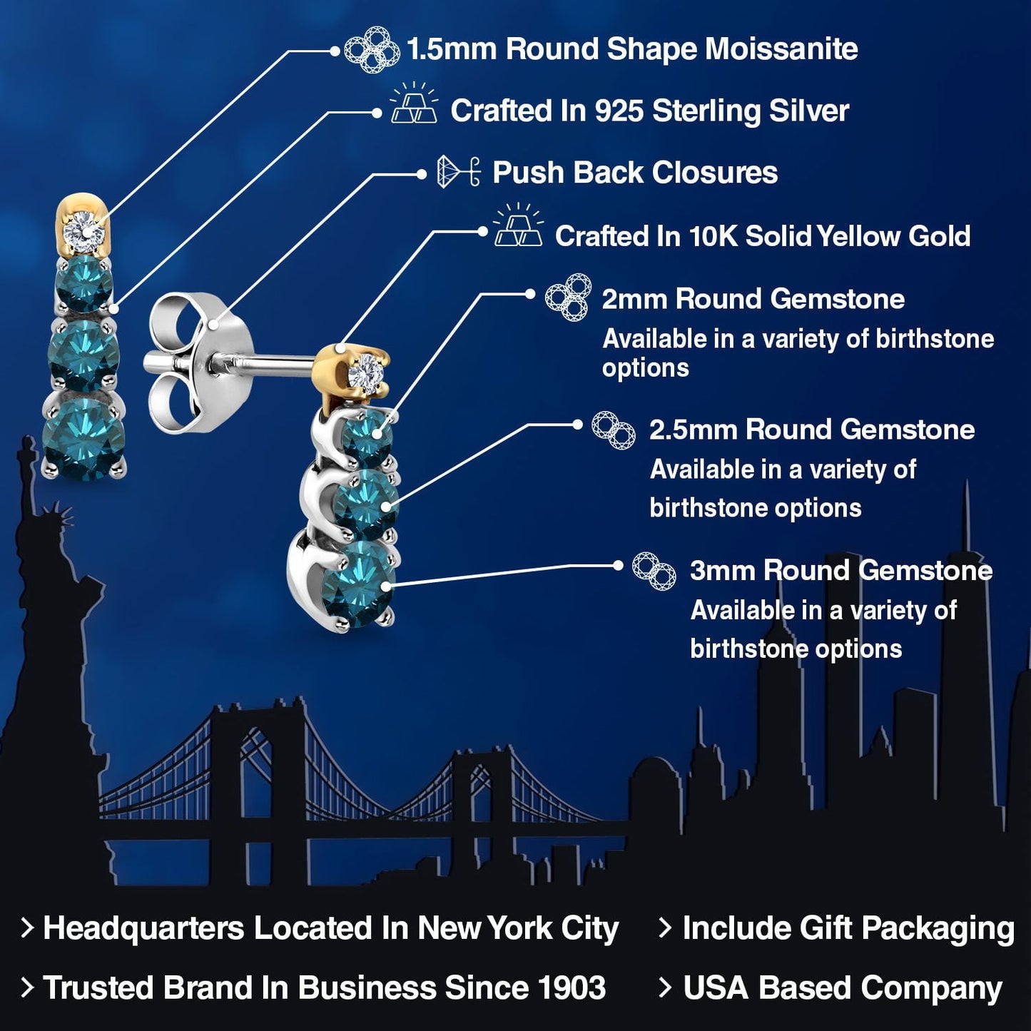 Gem Stone King 0.40 Ct Round Blue Diamond and Created Moissanite 925 Silver and 10K Yellow Gold Earrings