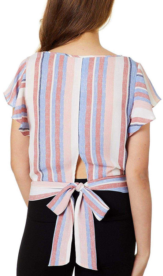 A. Byer Flutter Sleeve Tie Back Cropped Junior’s Top (Multi Distressed Stripe, L)